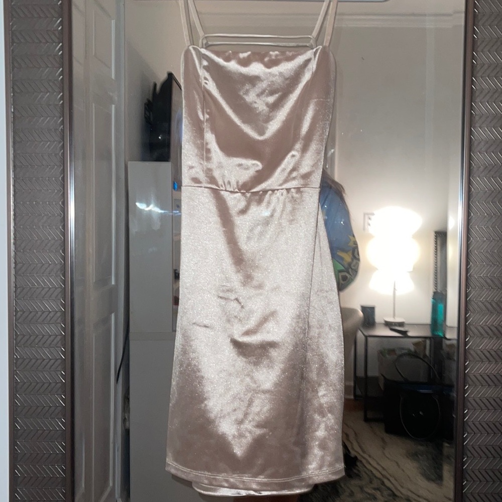 Blue Blush tan satin backless dress